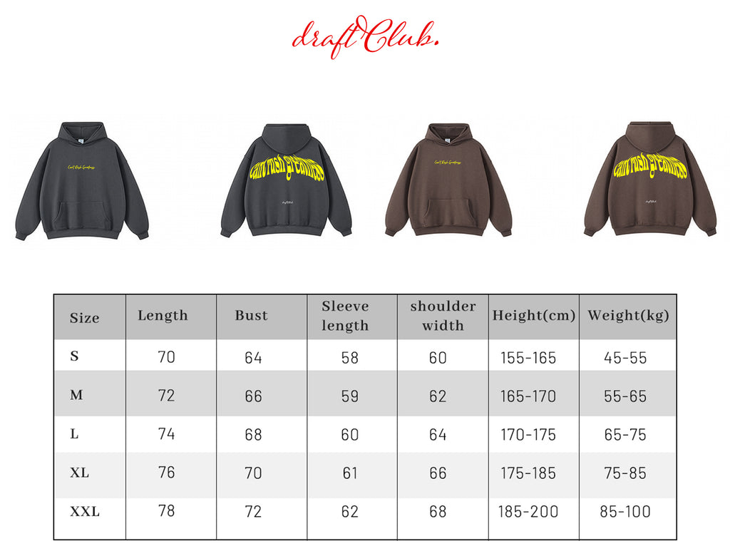 Four hoodies in different colors with size chart below on a white background