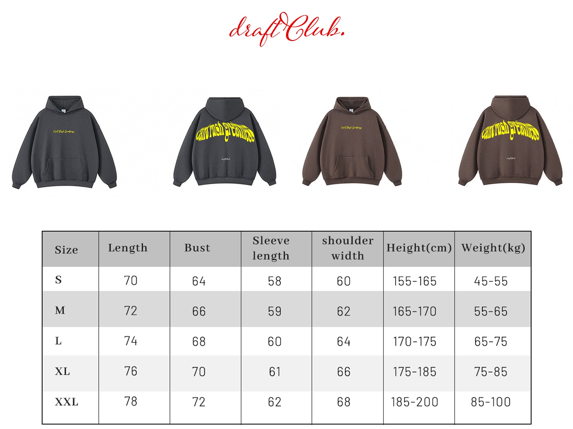 Four hoodies in different colors with size chart below on a white background