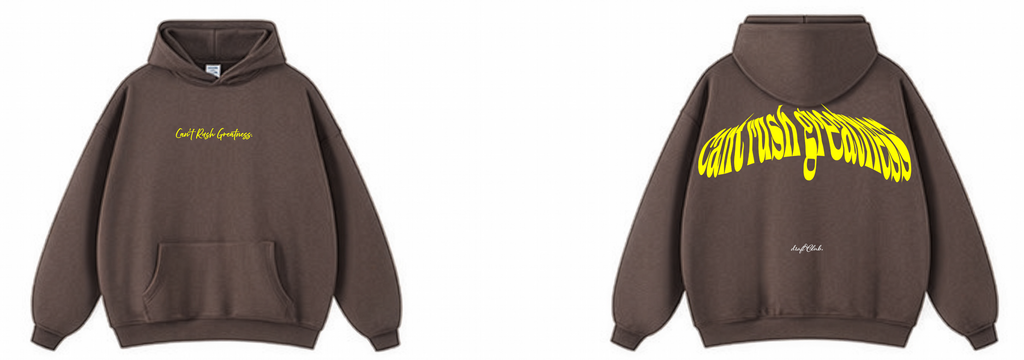 Brown hoodie with yellow text on front and back on a white background