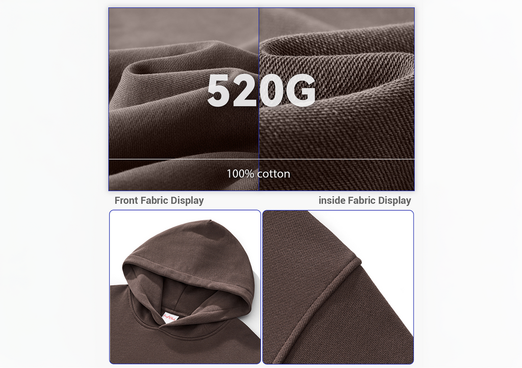 Fabric display with weight and material information, featuring a brown fabric texture.