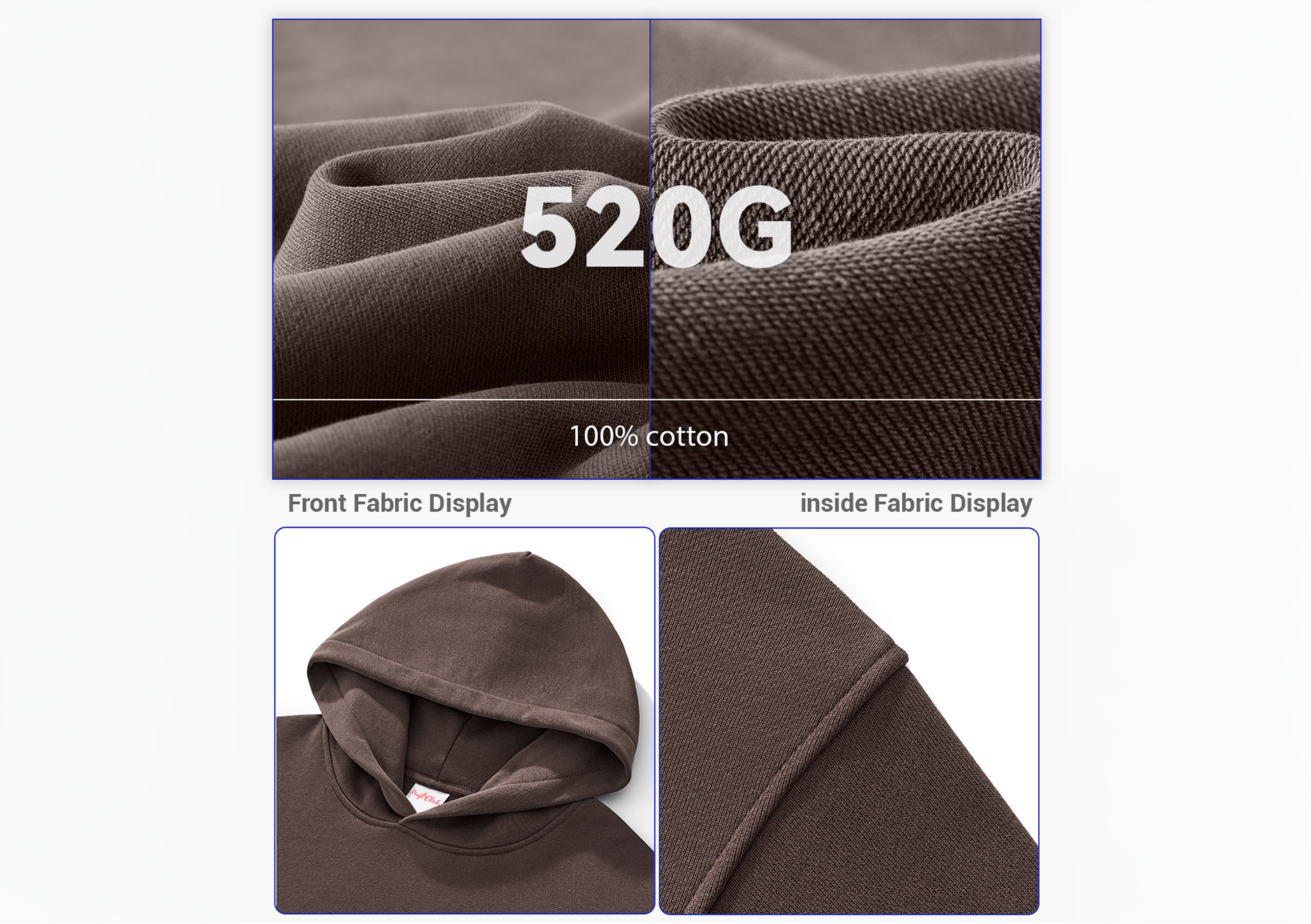 Fabric display with weight and material information, featuring a brown fabric texture.