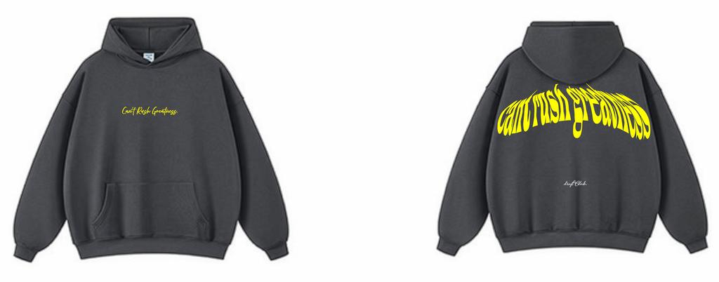 Gray hoodie with yellow text on a white background